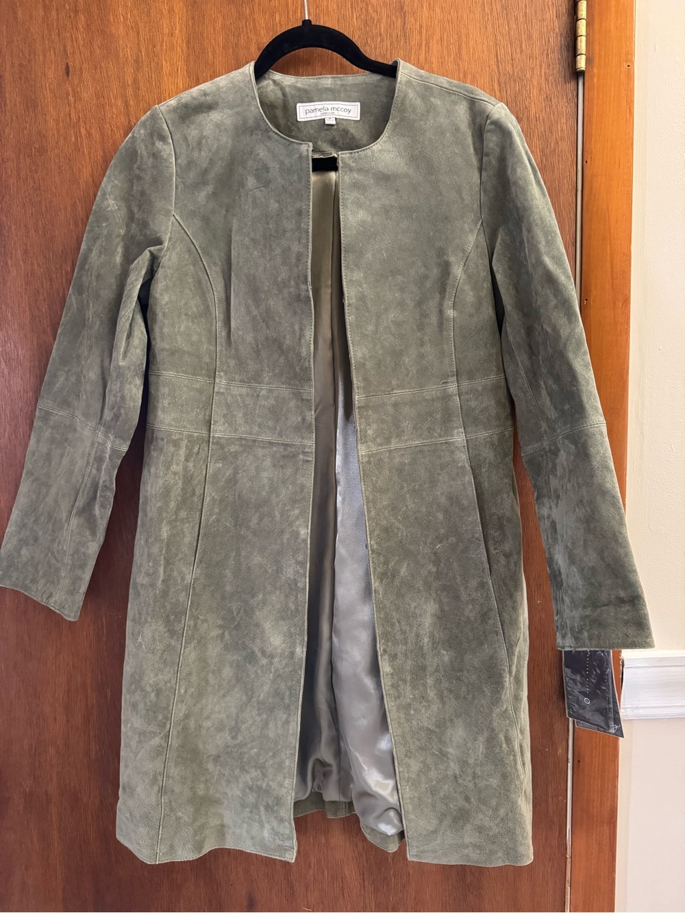 NWT Pamela McCoy Olive Green Suede Leather Duster Coat Jacket S Quiet Luxury